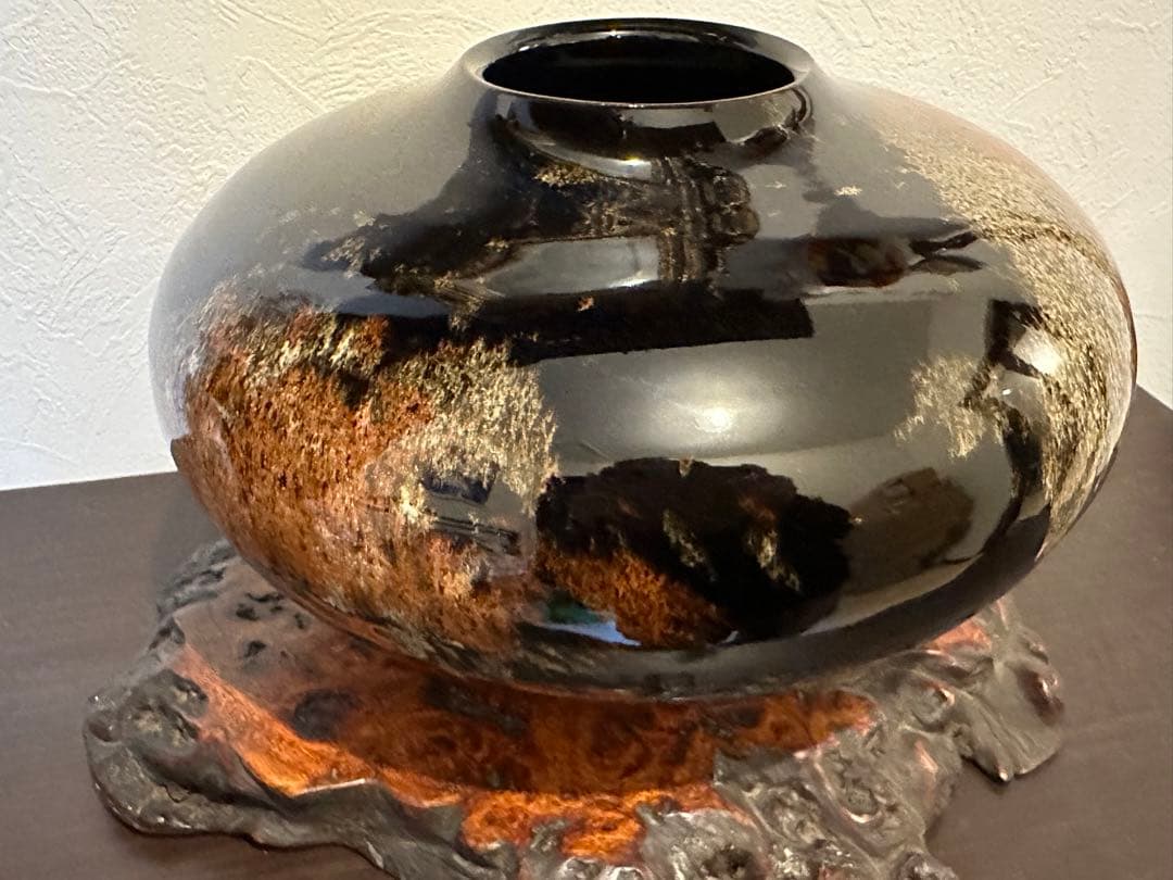 南紀 御浜窯 服部勘峰 作☆錦絹雪映文 黒釉 大花瓶☆茶華道 銘入り 極美品