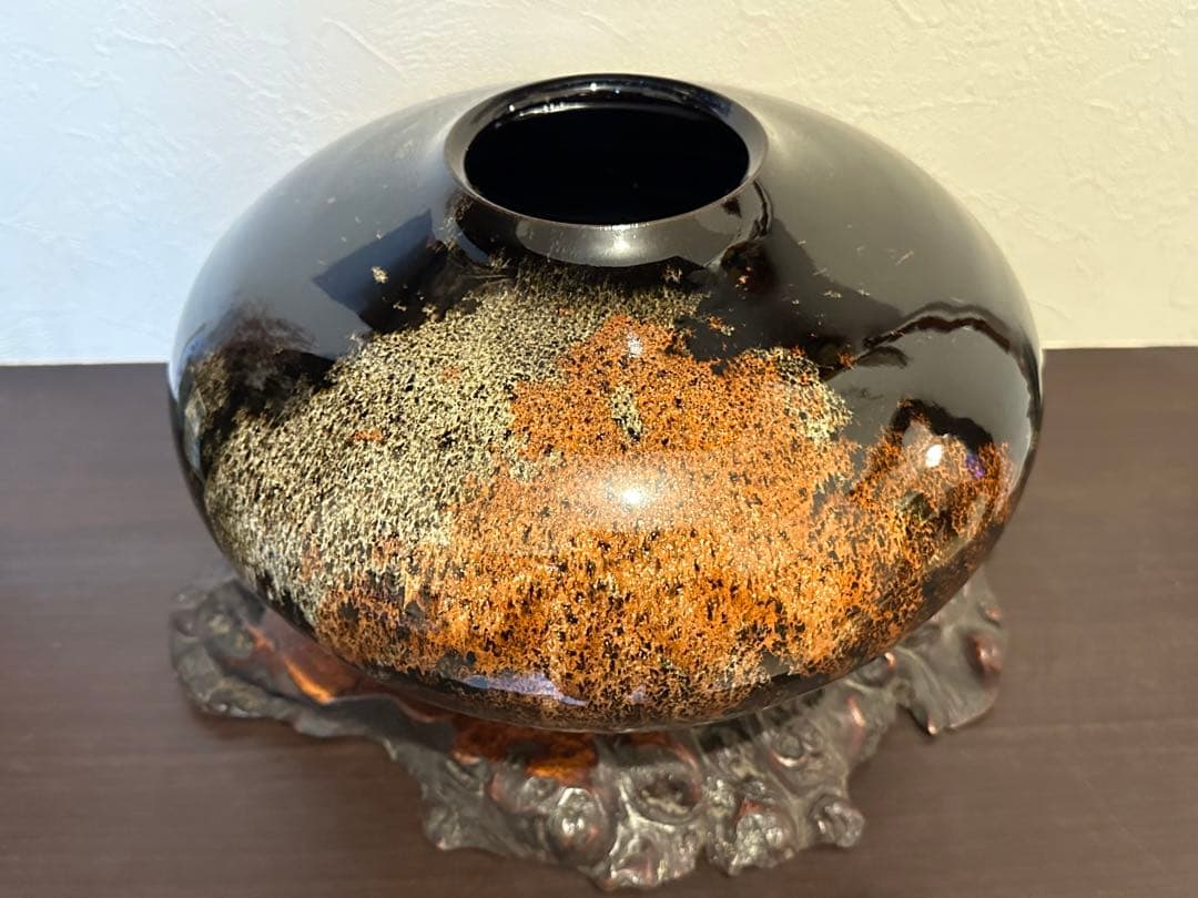 南紀 御浜窯 服部勘峰 作☆錦絹雪映文 黒釉 大花瓶☆茶華道 銘入り 極美品