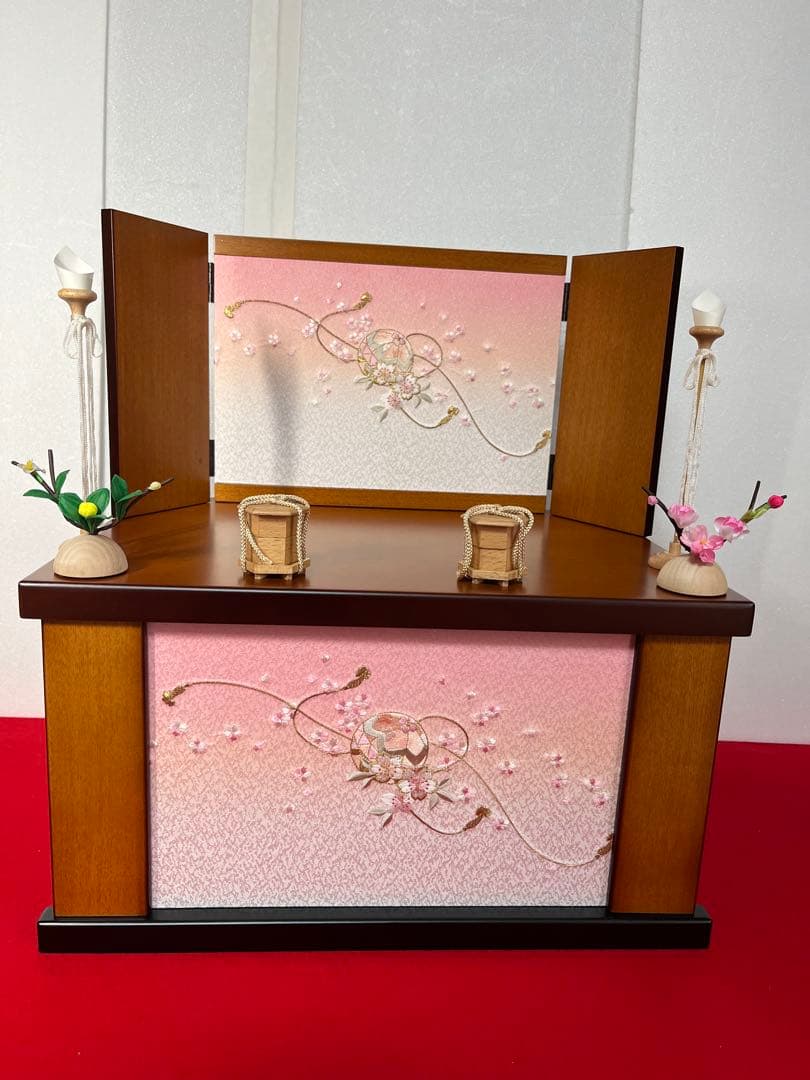 収納式親王飾り　刺繍梅桜　セット