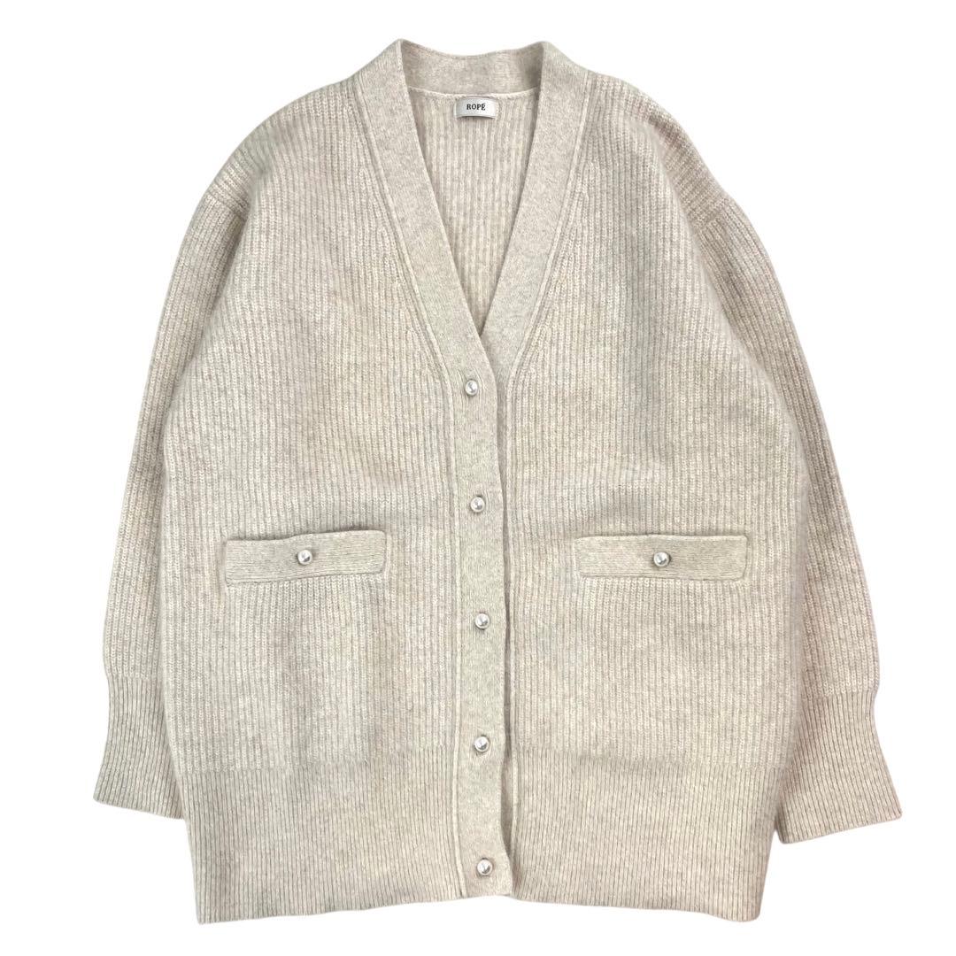 美品 ロペ フォックスウール片畦パールボタンカーディガン ベージュ 定価2.9万