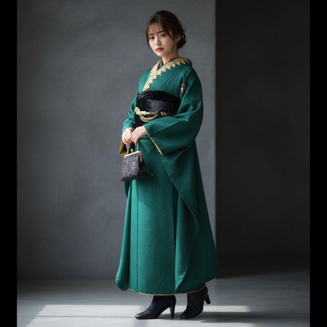 SALE中☆振袖フルセット(7点)・成人式・緑・色無地振袖・三つ紋・モノトーン