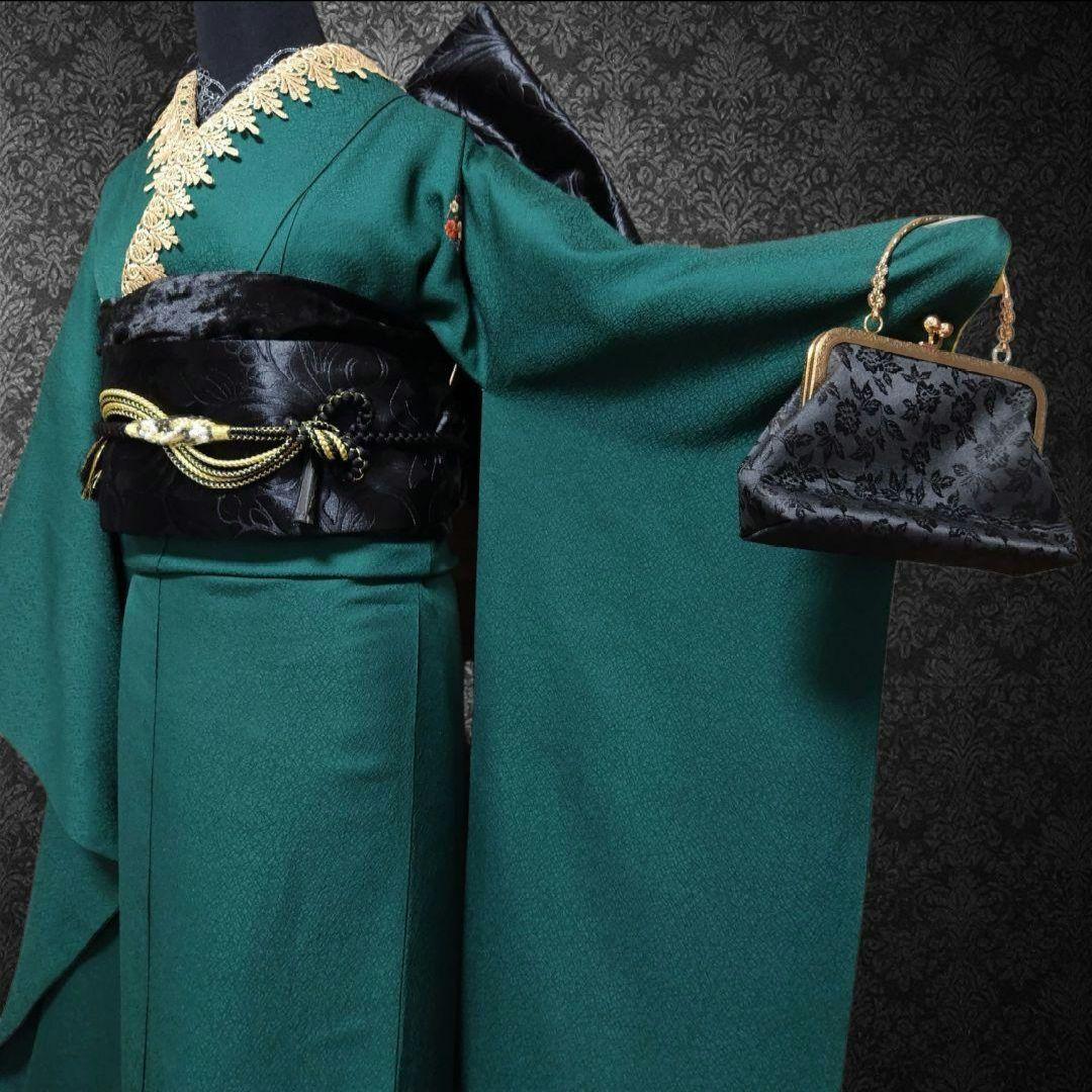 SALE中☆振袖フルセット(7点)・成人式・緑・色無地振袖・三つ紋・モノトーン