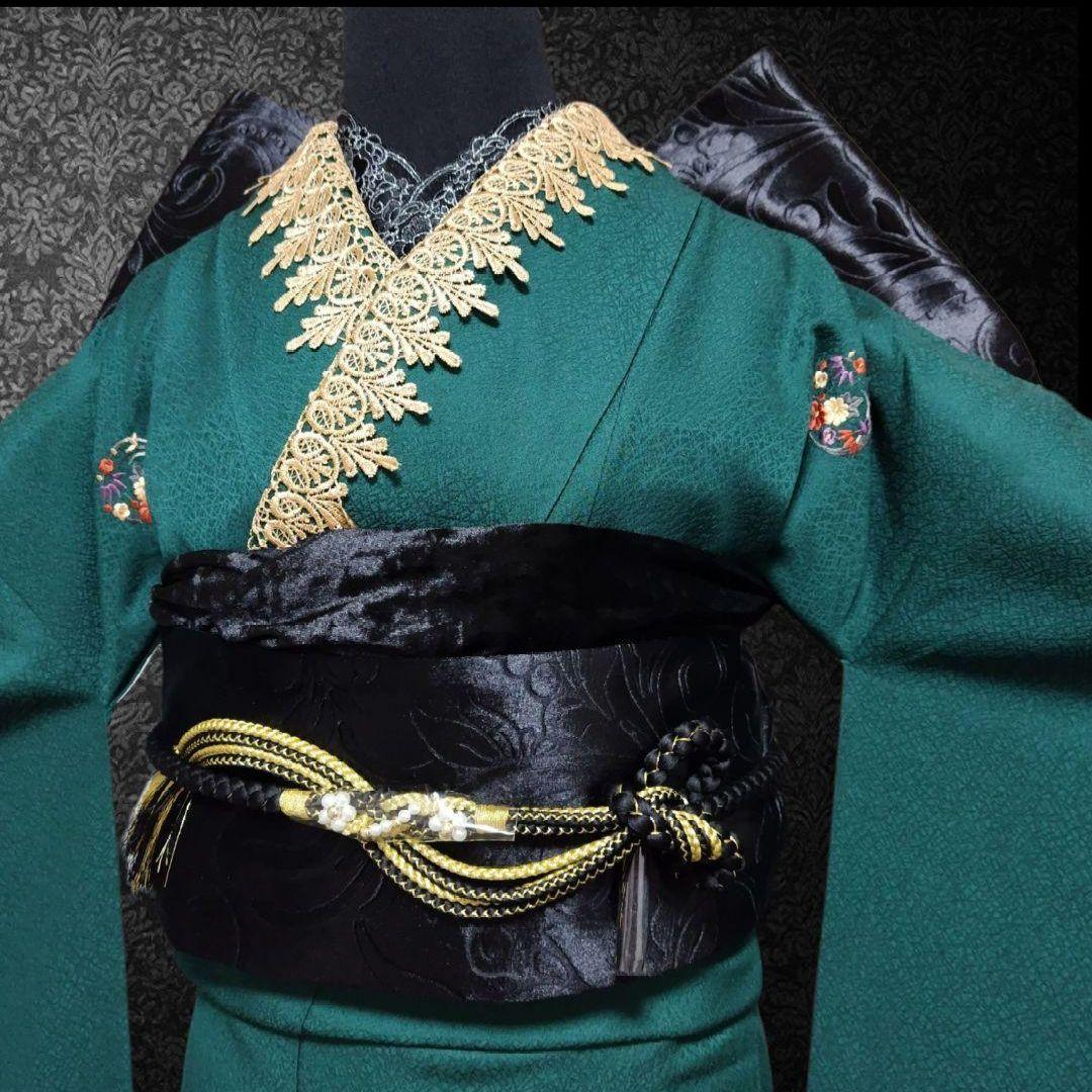 SALE中☆振袖フルセット(7点)・成人式・緑・色無地振袖・三つ紋・モノトーン