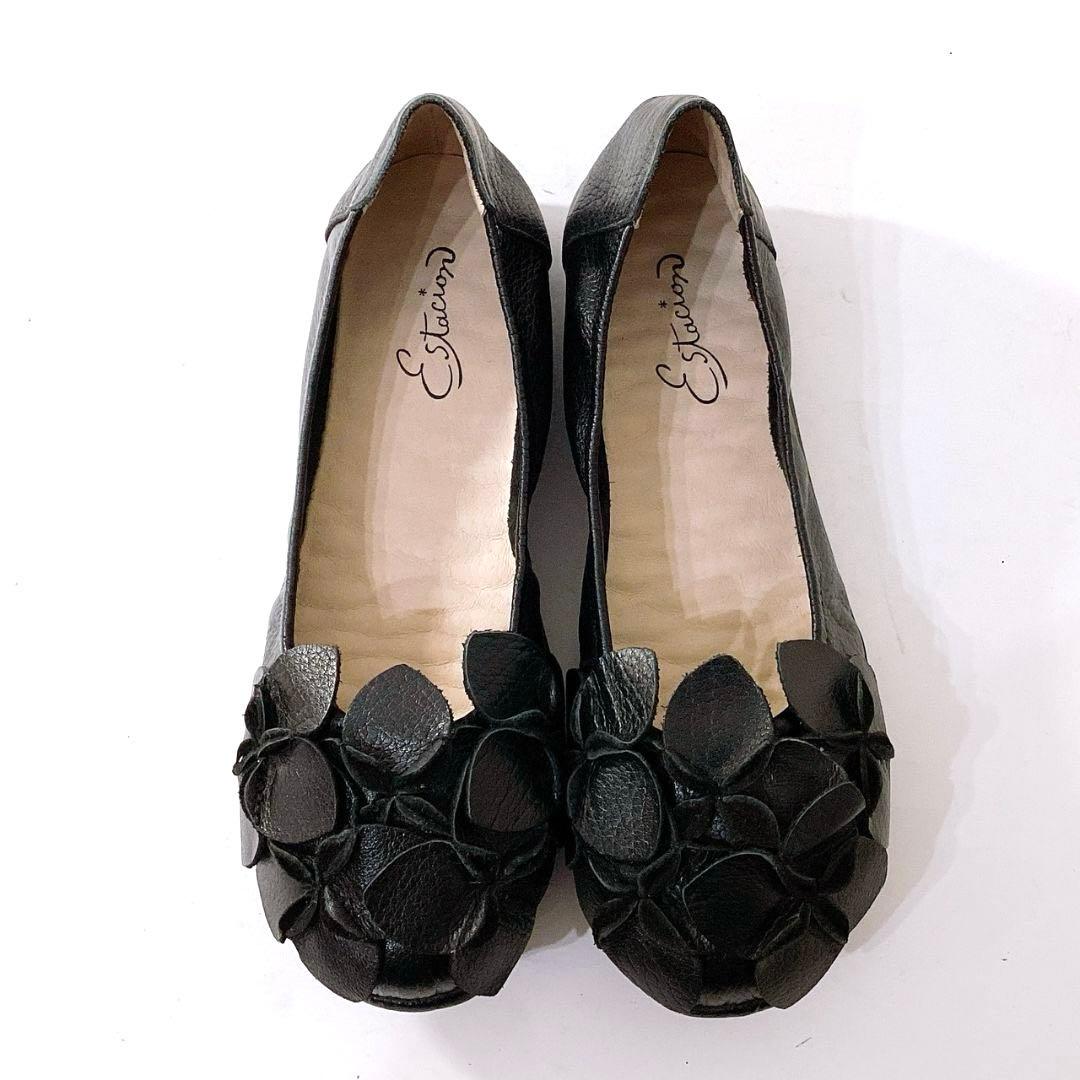 極美品✨エスタシオン　花モチーフ　フラットシューズ　本革　黒　24cm