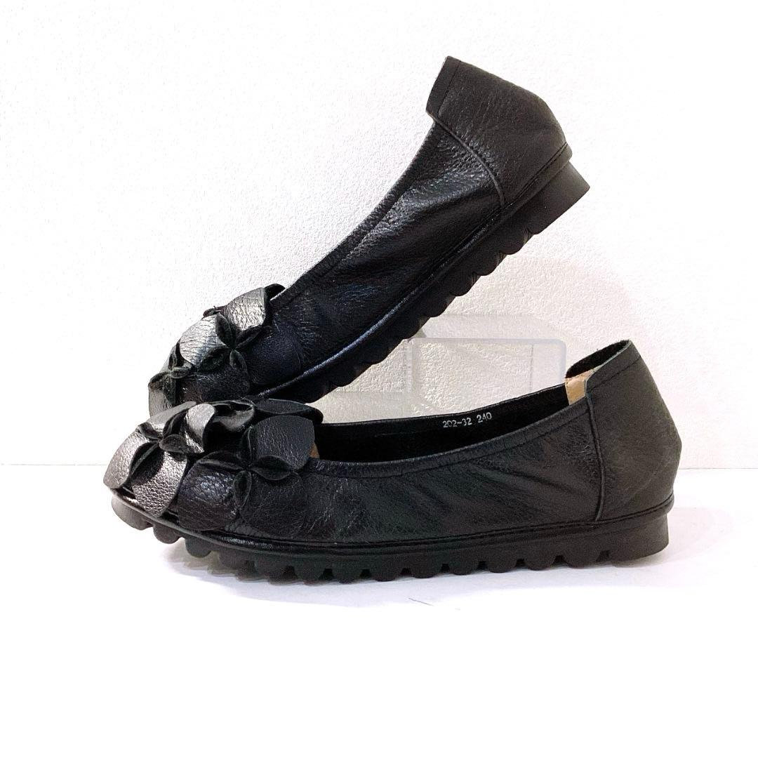 極美品✨エスタシオン　花モチーフ　フラットシューズ　本革　黒　24cm