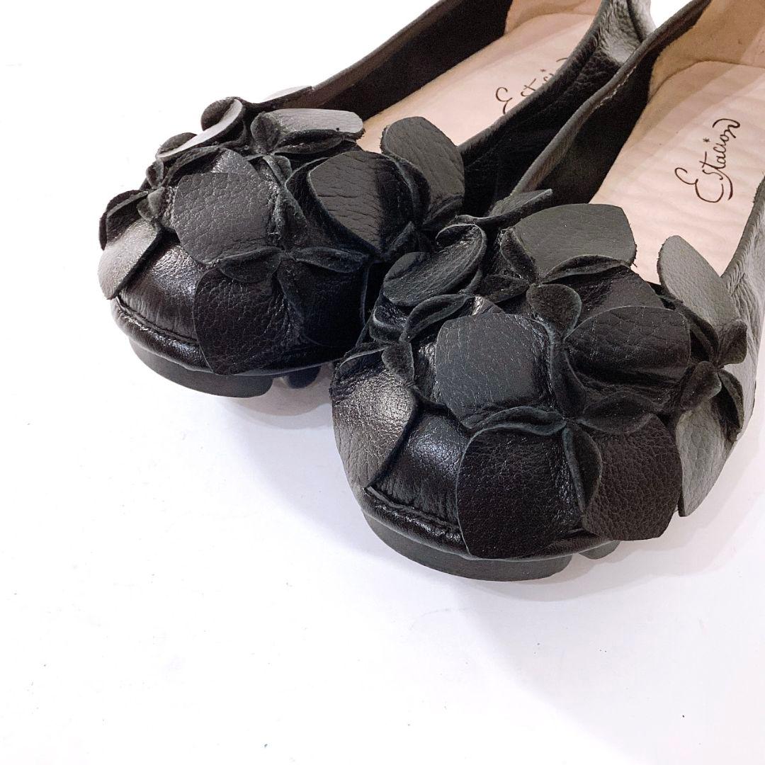 極美品✨エスタシオン　花モチーフ　フラットシューズ　本革　黒　24cm