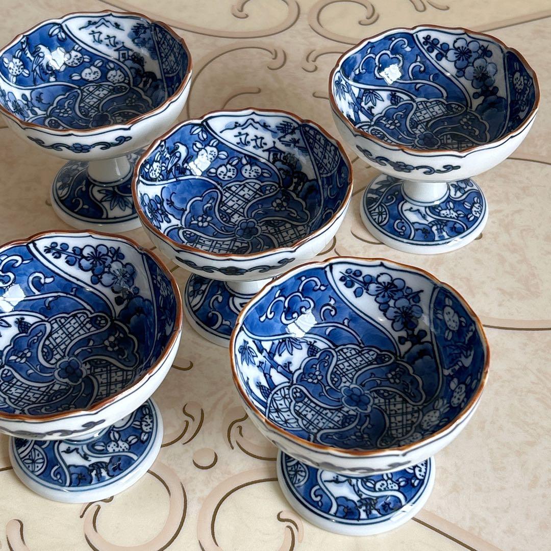 三川内焼　平戸松山窯　染付祥瑞　高台小鉢　5客　輪花鉢　小付　コンポート　珍味入