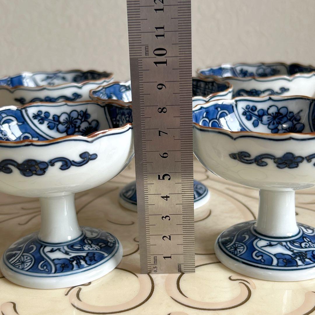 三川内焼　平戸松山窯　染付祥瑞　高台小鉢　5客　輪花鉢　小付　コンポート　珍味入