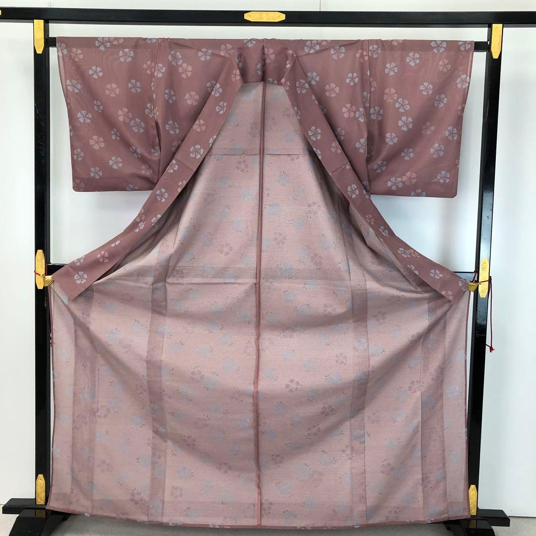 夏着物 小紋 絽 さんび 可愛らしい花模様 紫桃鼠色 KK-1990