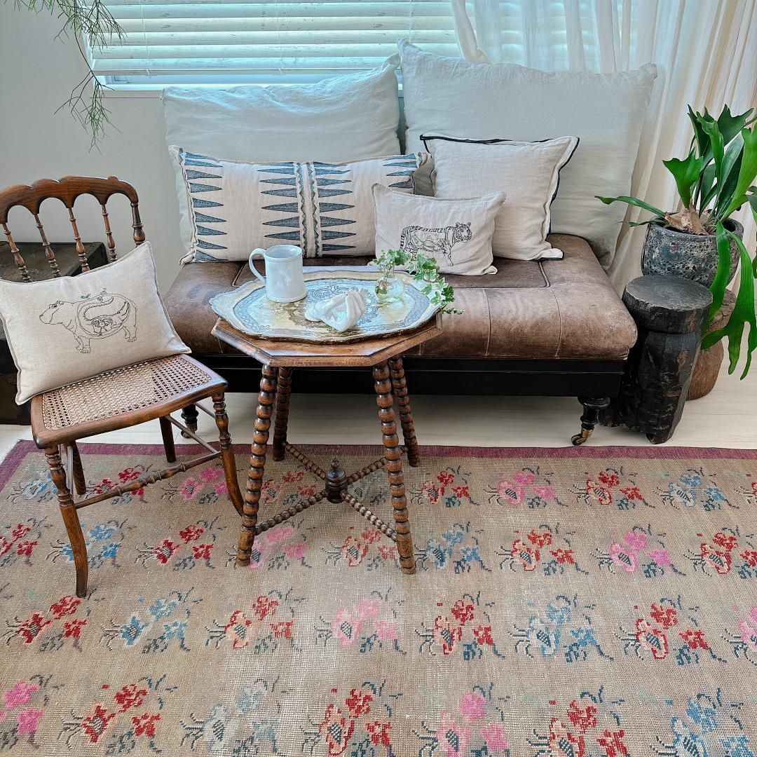 トルコヴィンテージラグ A73 大判 高級 レア グレージュ ピンク ブルー