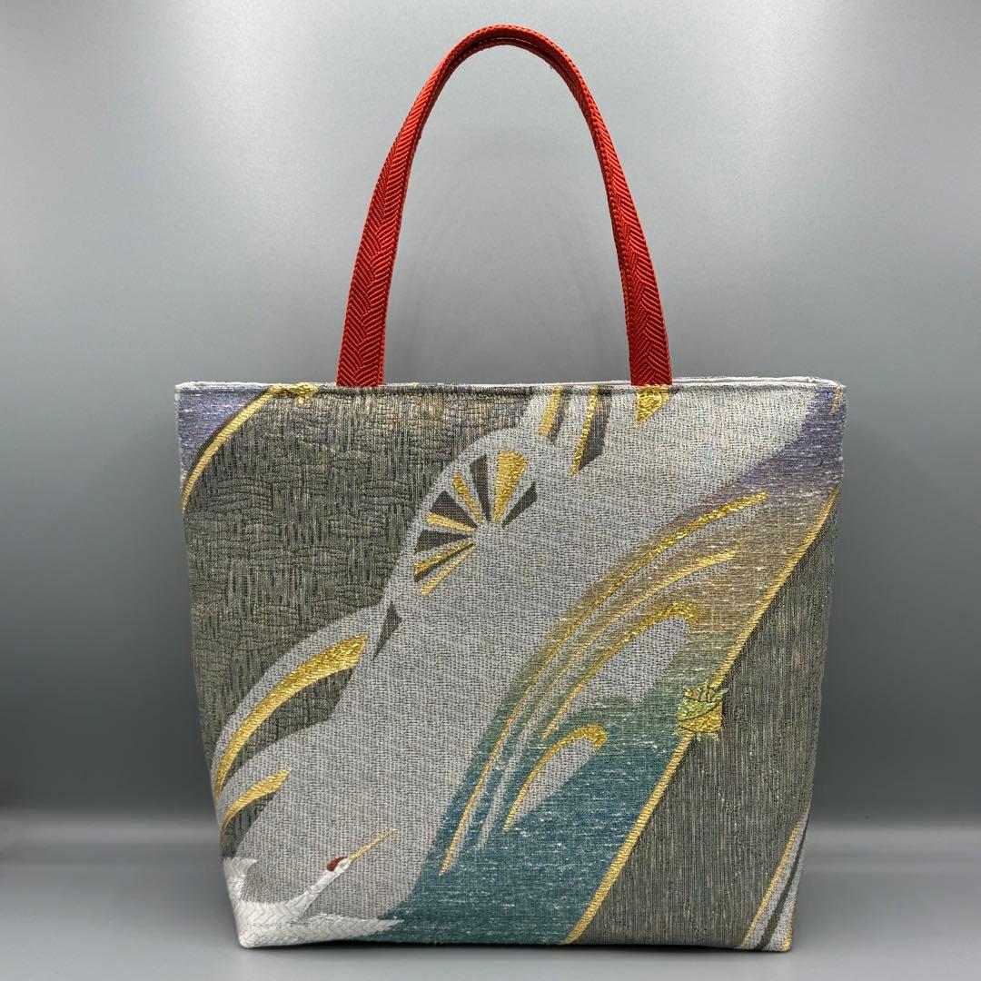 【おまとめ専用】帯 リメイク トートバッグ 赤 梅 /シルバー 鶴