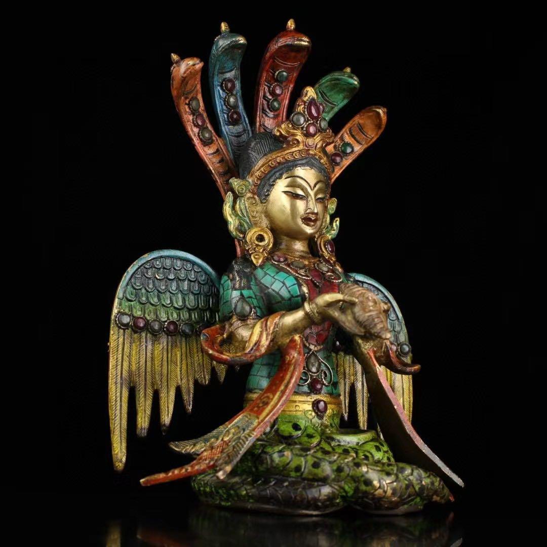 旧蔵、チベット寺院入手、精銅、手作り、宝石象眼、彩色蒔絵、密宗、竜樹菩薩仏像一尊