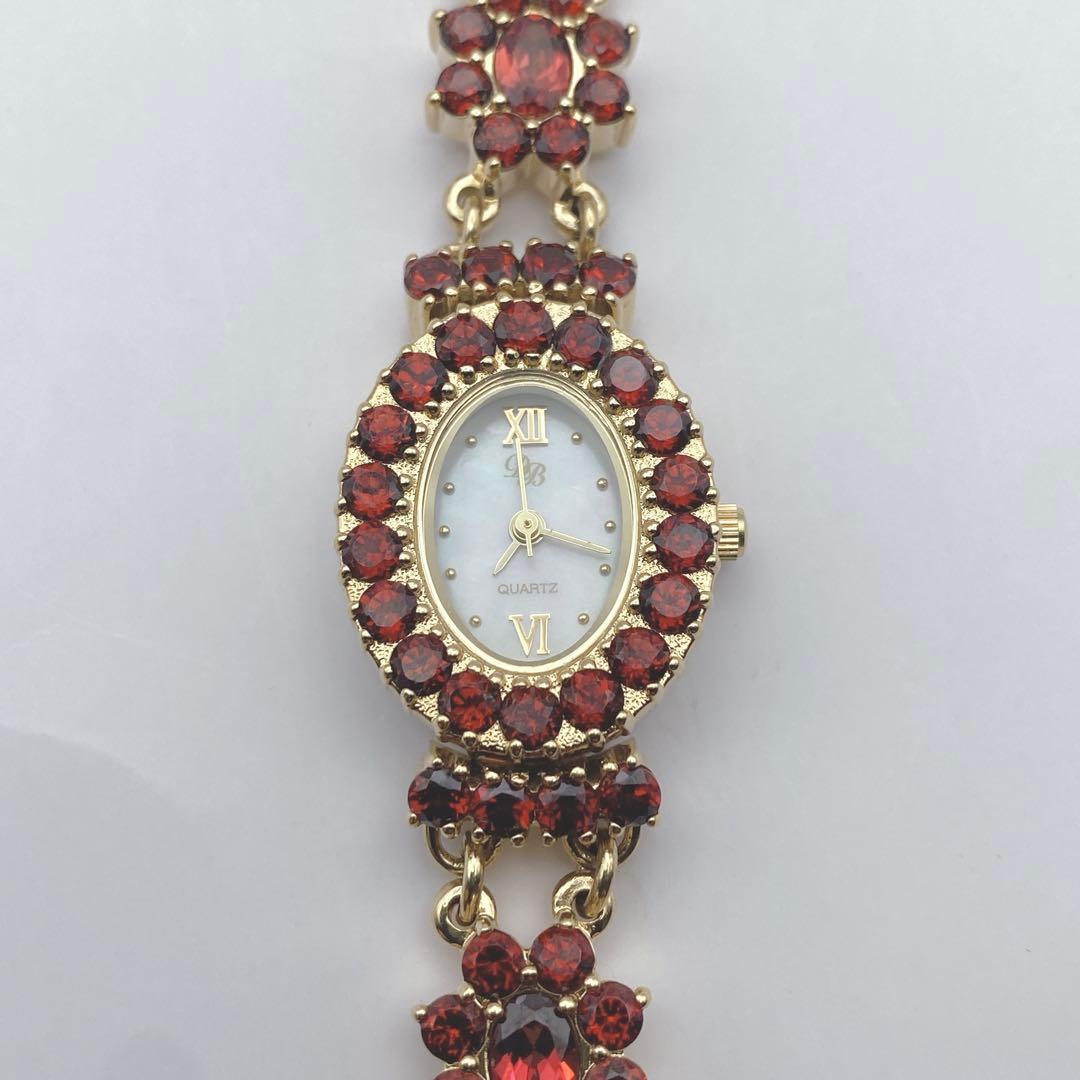 希少　D.M Buxton ホワイトシェル文字盤 ガーネット装飾 ブレスウォッチ