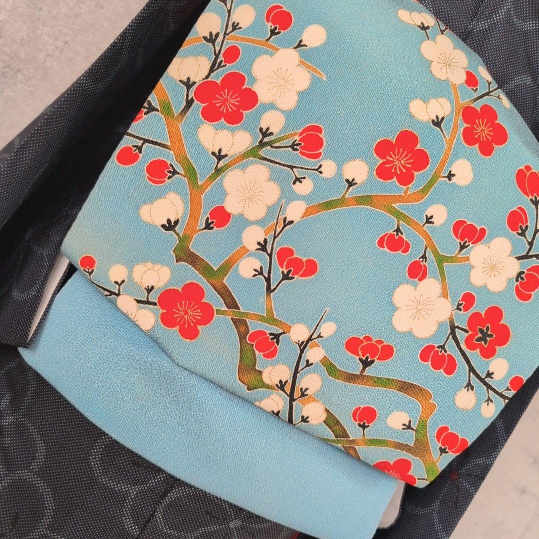 大島紬　フルセット　小紋　着物　正絹　花　帯梅　紺　着物備品　O7