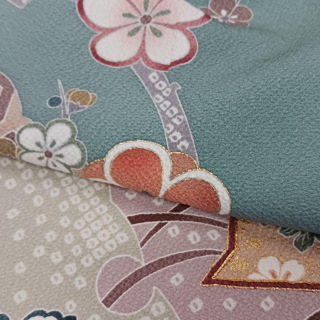 裄68.2、身丈158.3cm☆正絹　良家のちりめん訪問着　青磁色に扇面と梅