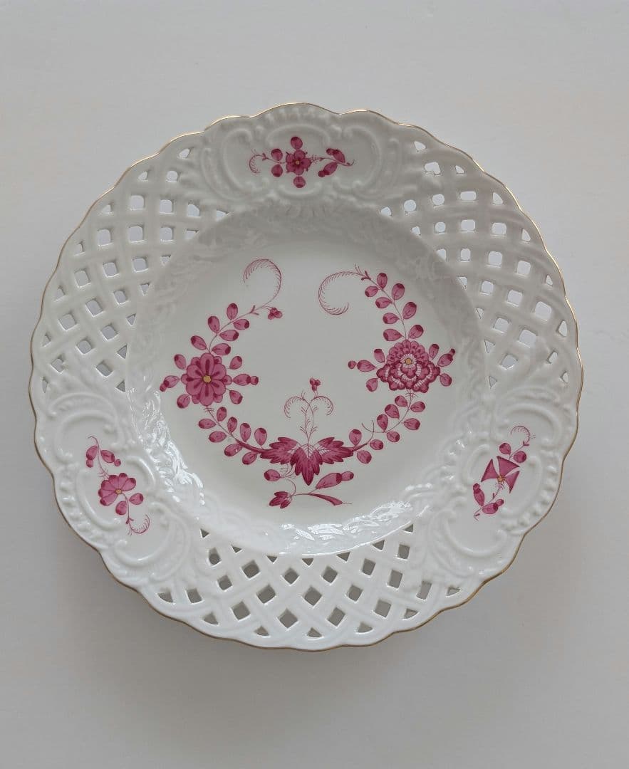 【マイセン】インドの華リッチピンク金彩透かしプレート18.5cm