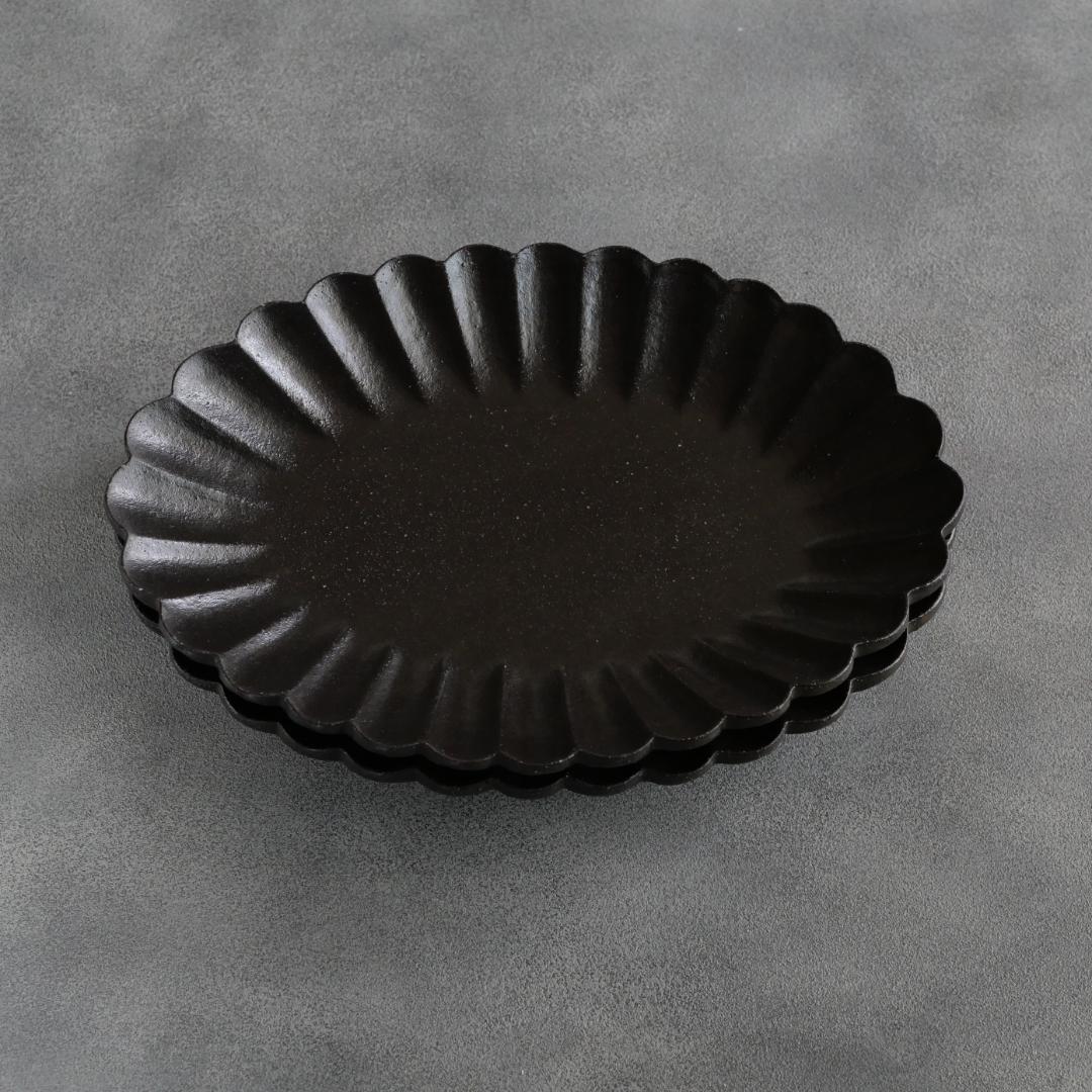 【高島大樹】黒釉輪花楕円皿 特大 2枚セット