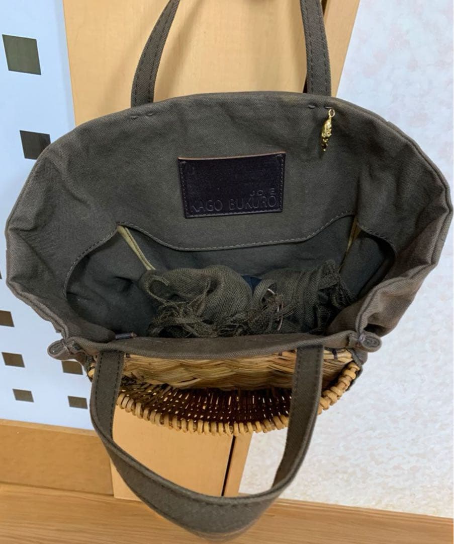 エバゴス ダークブラウン かごバッグ リネンの被せ付き