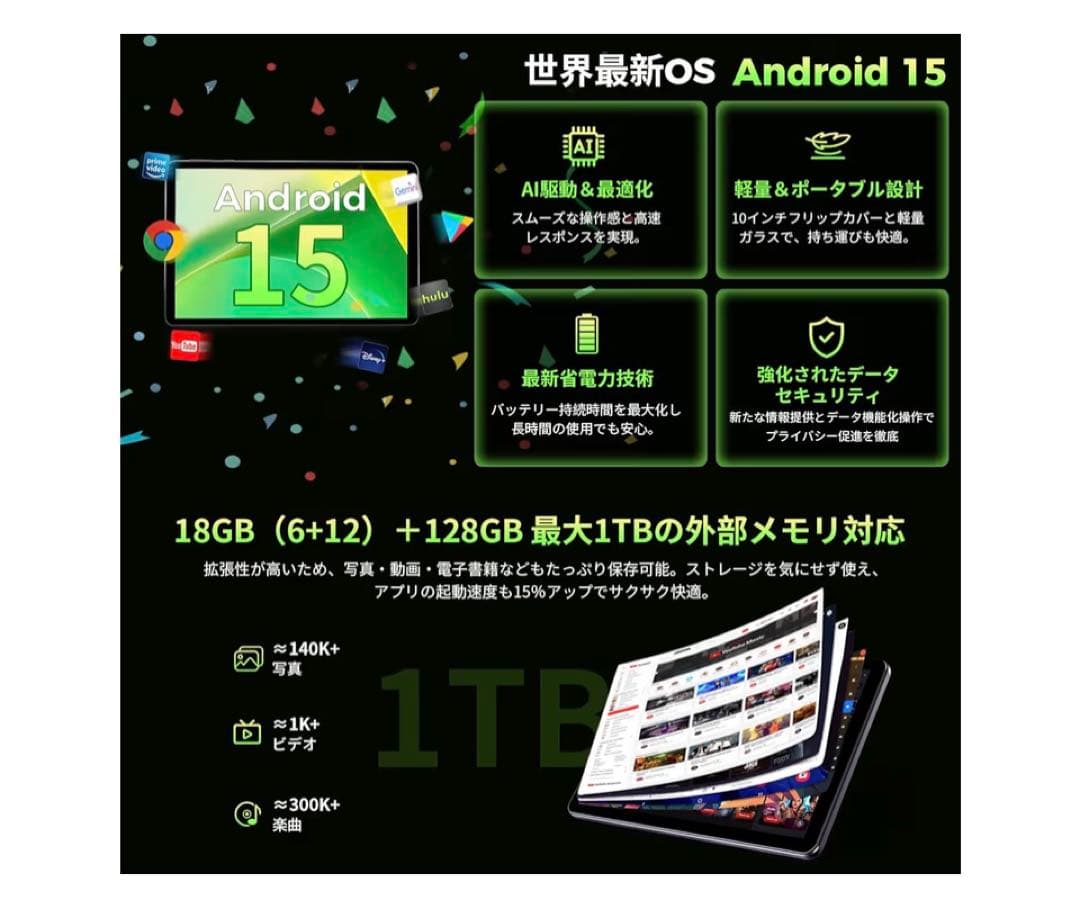 10インチ タブレット Wi-Fiモデル 18GB+128GB+1TB拡張