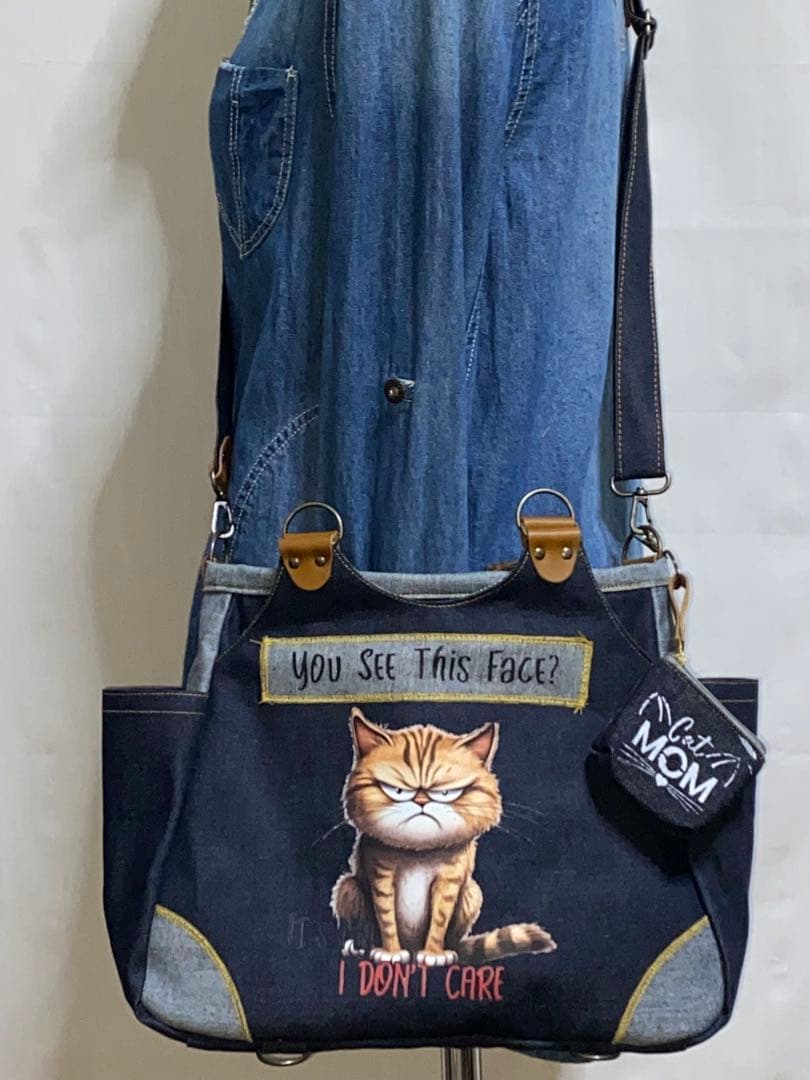 ☆両面リュック対応☆岡山デニム☆悪ネコ☆ステンシル☆4wayあおりバッグ