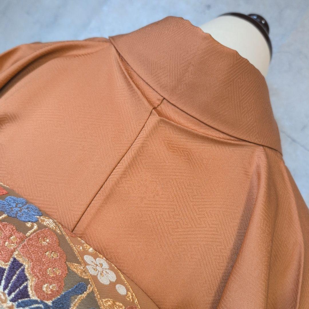 訪問着　フルセット　着物　正絹　赤茶橙　鳥　扇　梅　花　刺繍　しつけ糸　F2