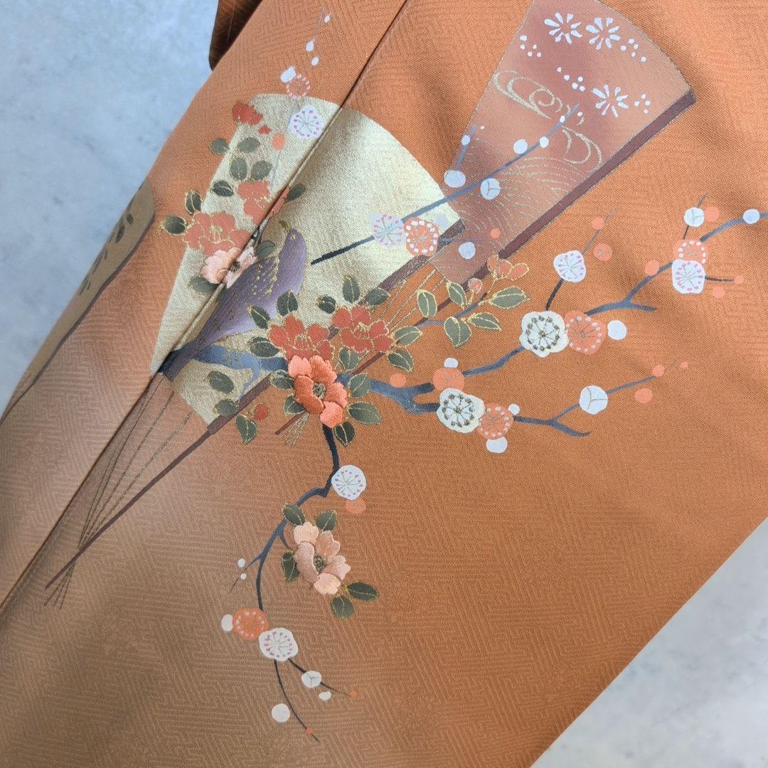 訪問着　フルセット　着物　正絹　赤茶橙　鳥　扇　梅　花　刺繍　しつけ糸　F2