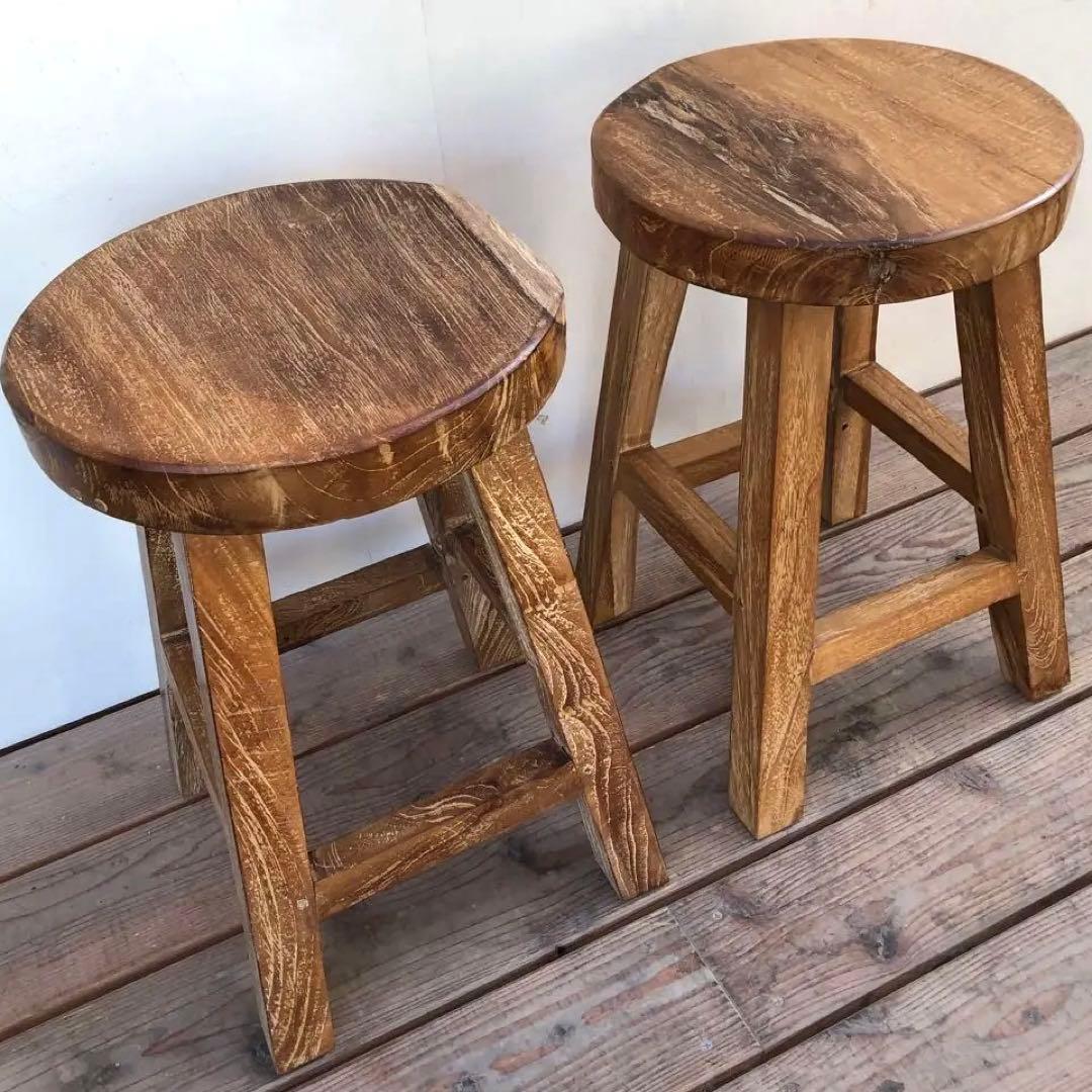 2脚セット オールドチーク材のスツール 無垢材 腰掛け 椅子 ラウンドスツール