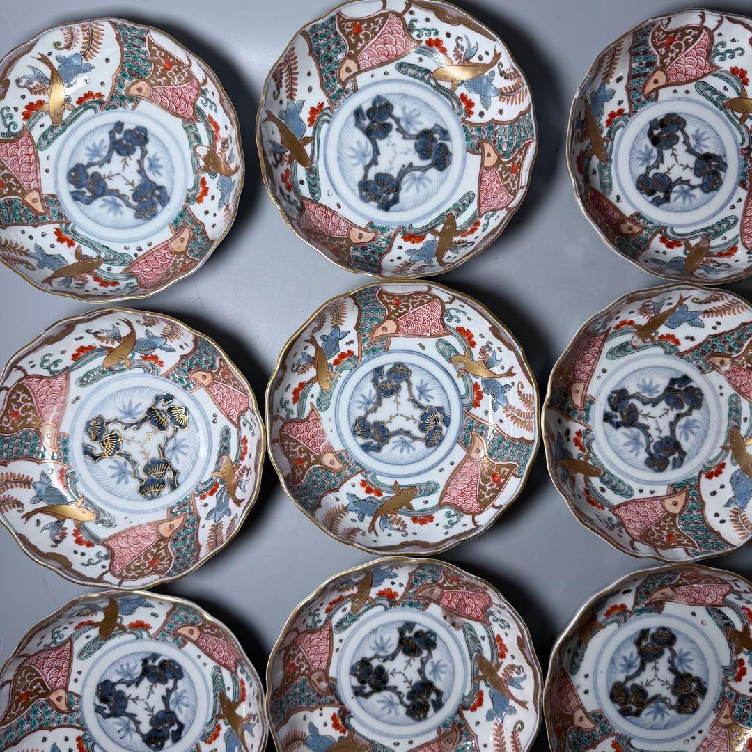 豪商旧蔵品　明治期　色絵鯉千鳥文膾皿　金蘭手　二十客　上手　金鯉　松竹梅　青海波