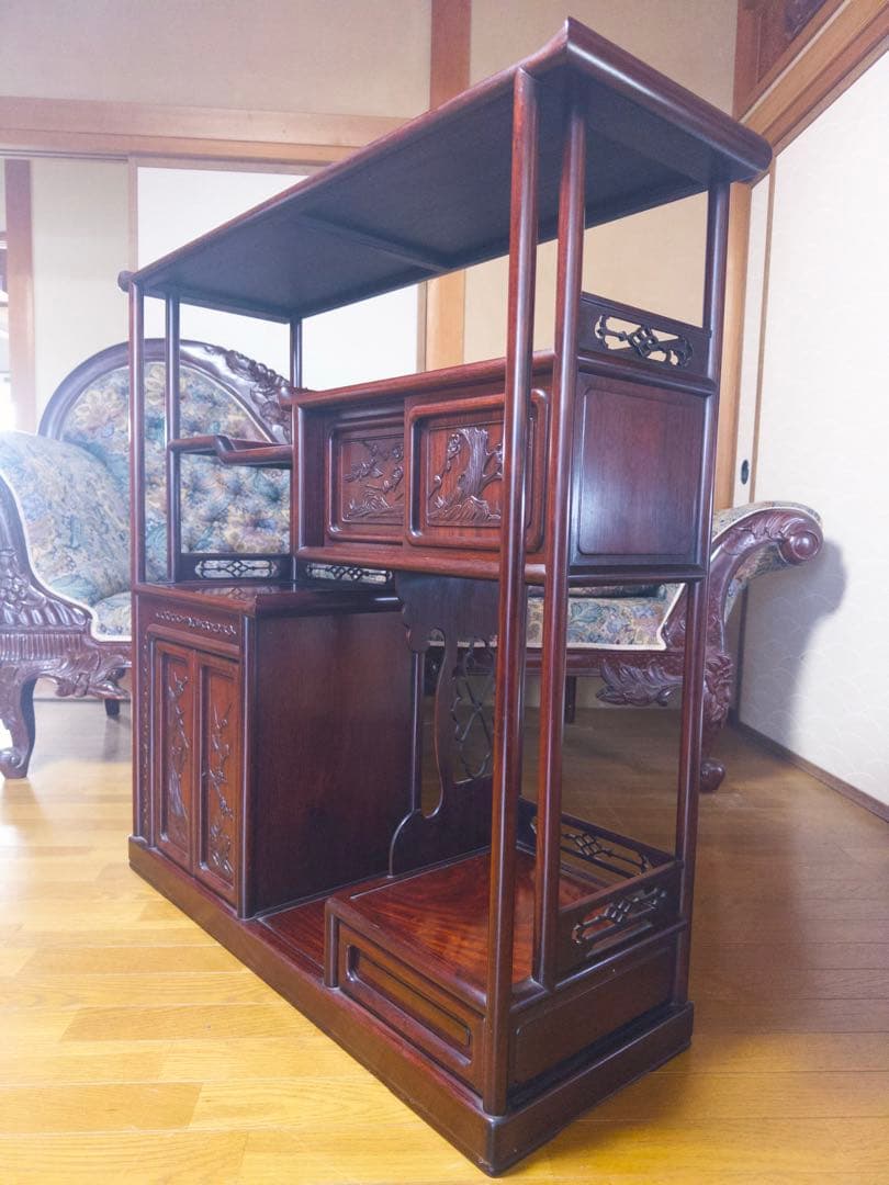 茶箪笥　古道具　骨董品　蔵出し　昭和レトロ　古民家　木製彫刻ラック 引き出し付き