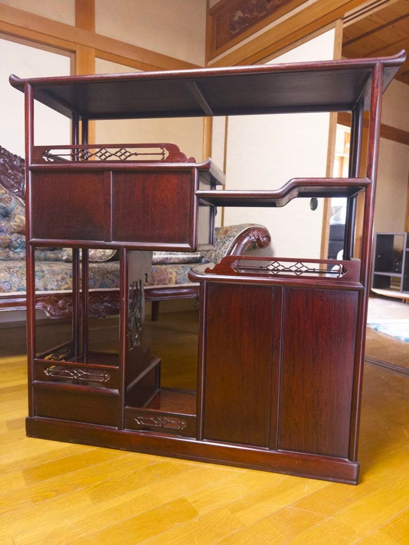 茶箪笥　古道具　骨董品　蔵出し　昭和レトロ　古民家　木製彫刻ラック 引き出し付き