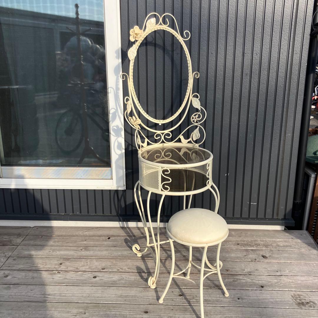 ロココ クラシカル アイアンフレーム 花装飾ドレッサー 化粧台 スツール付き