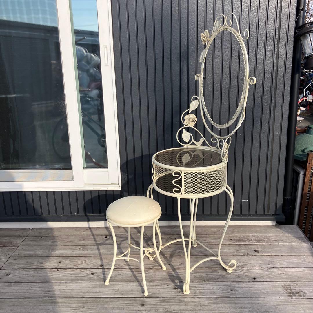 ロココ クラシカル アイアンフレーム 花装飾ドレッサー 化粧台 スツール付き