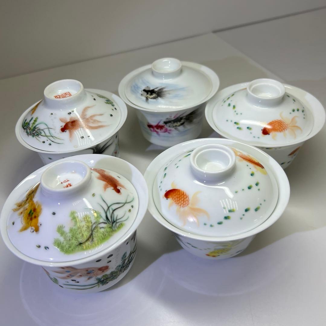 中国美術　粉彩蓋茶碗5客　口径約9㎝　東Y8-0204☆2Fタトチ