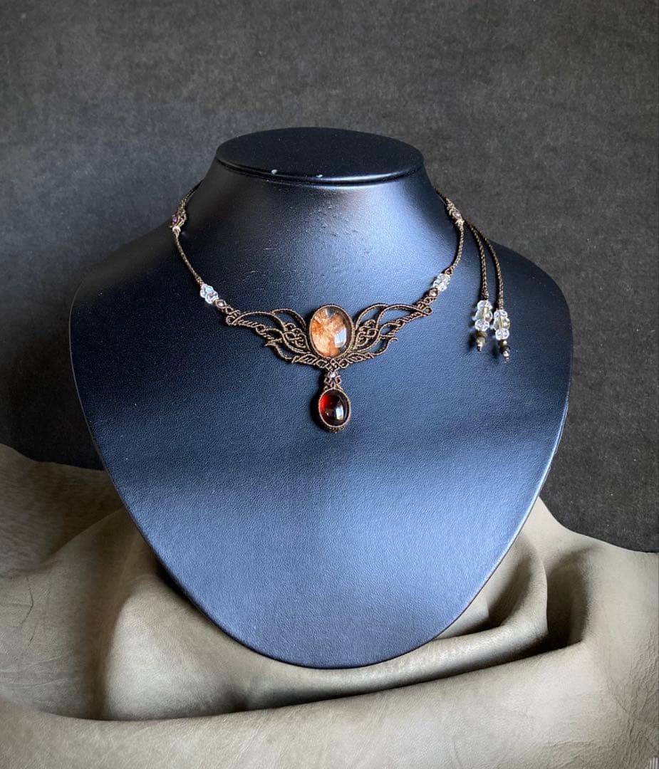 ガーデンクォーツ　ガーネット　マクラメネックレス