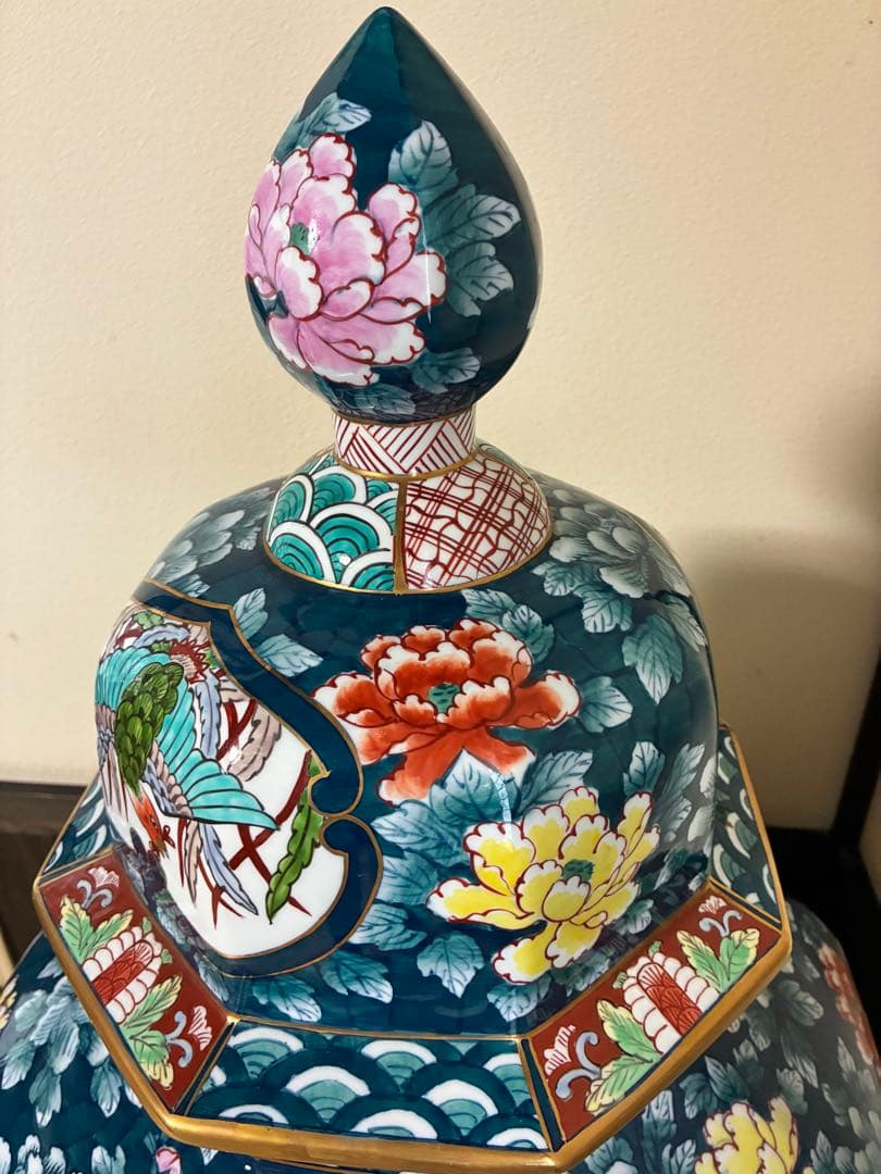 有田焼 特大 染付 牡丹孔雀図 飾壷 光右衛門作 三段壷 置物　約100cm