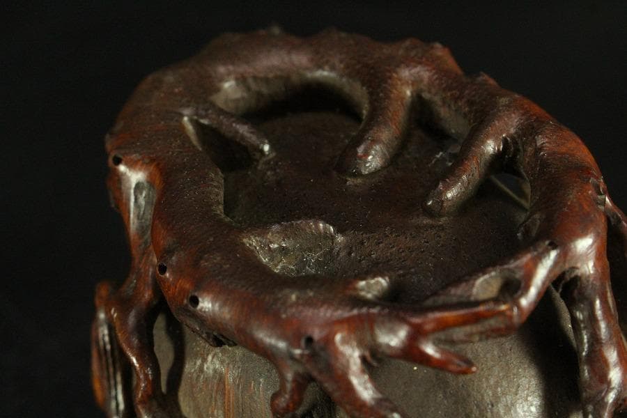 中国美術 竹根 刻 蓮花 碗 洗 13cmx9cm 文房四宝(K-LC561)