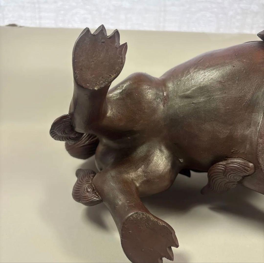 古い備前焼獅子置物 陶印 春芳 牡丹獅子