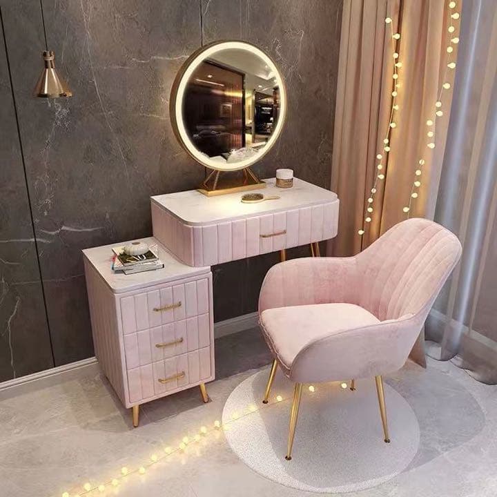 オシャレドレッサー　グレー　デスク引き出し1杯LEDミラー　椅子　棚4点セット