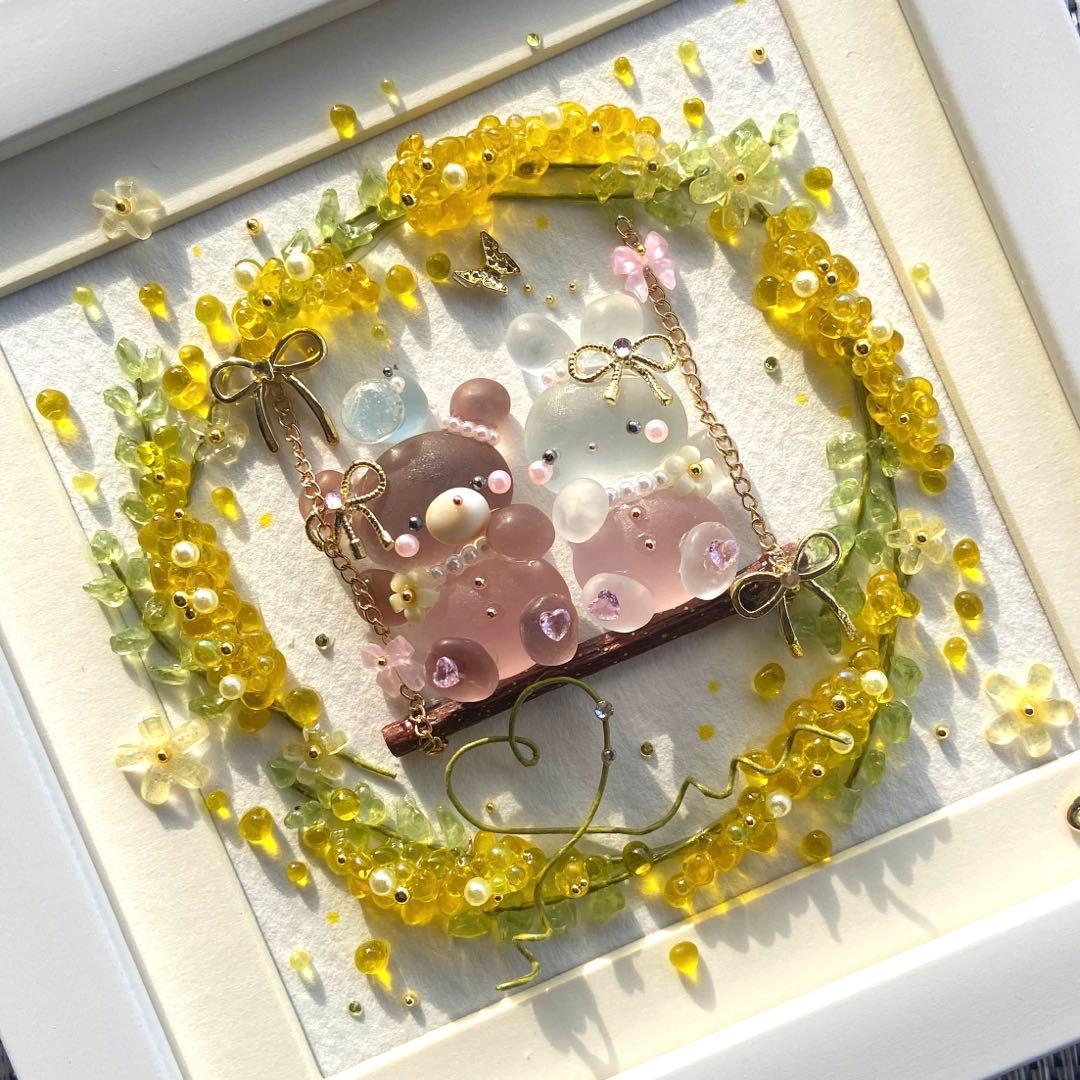 ♡ミモザリースのブランコで...♡シーグラスアート くまさんうさぎさん