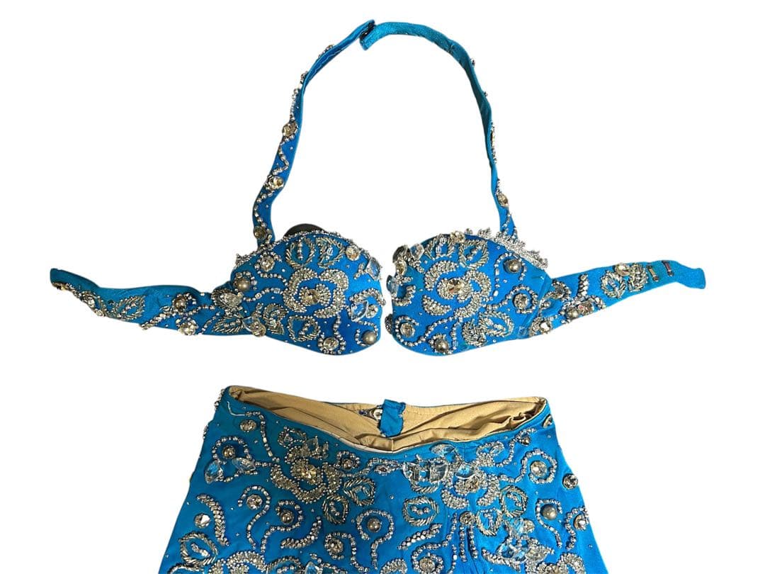 ベリーダンス衣装 2点セット ブルー ビジュー装飾