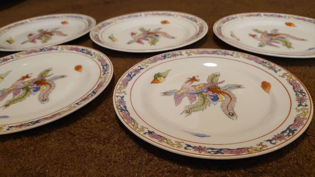 古玩　中国陶器　中皿　７寸皿　鳳凰　蔵出し　５客