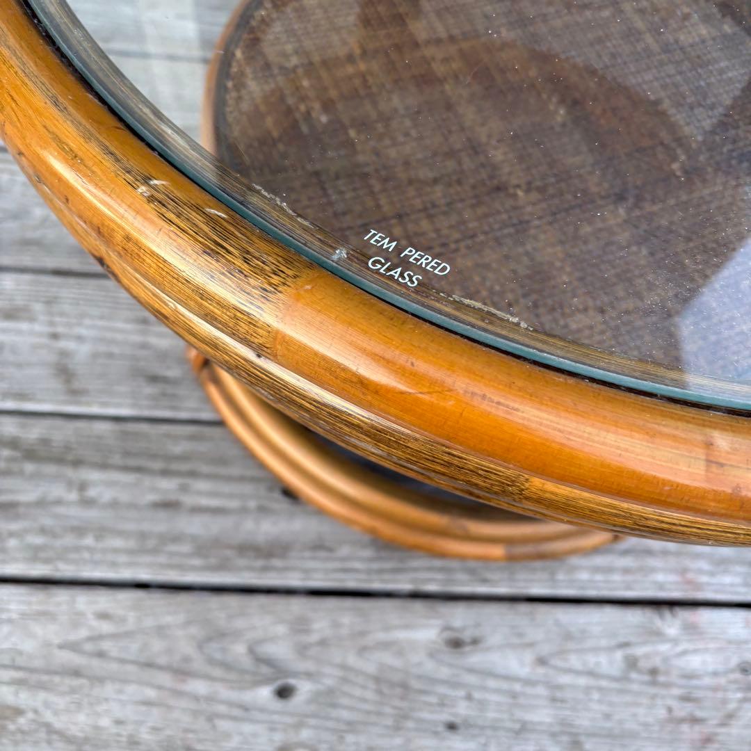 昭和レトロ ラタン ガラステーブル 丸テーブル ラウンドテーブル 籐家具 古家具