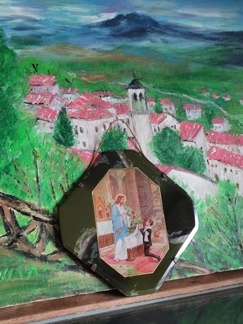 アンティーク 初聖体記念 キリストと少年 美しい八面体壁掛け深緑ガラスパネル