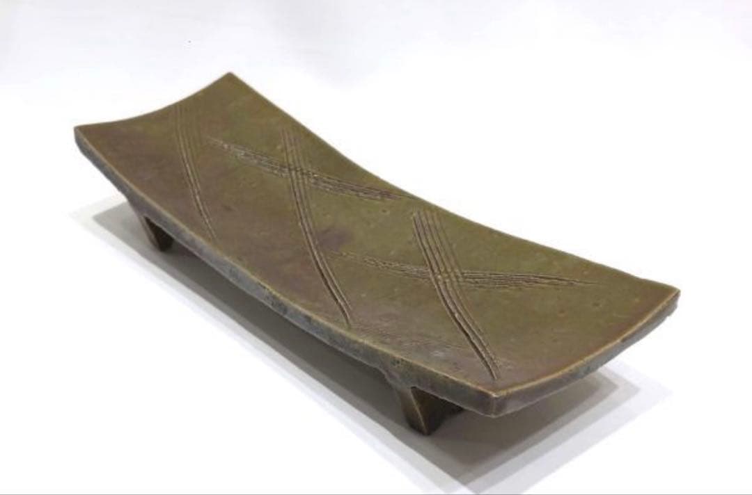 北大路魯山人　織部　櫛目　台皿　俎板皿