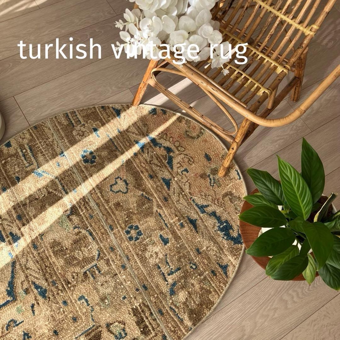 75×88✳︎楕円ラウンド　ブラウン　ブルー　パッチワーク　トルコヴィンテージラグ
