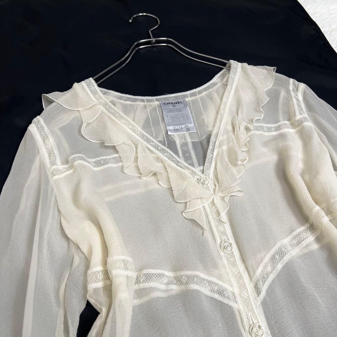 ココボタン✨ CHANEL シャネル フリルシアーシャツブラウス シルク 40