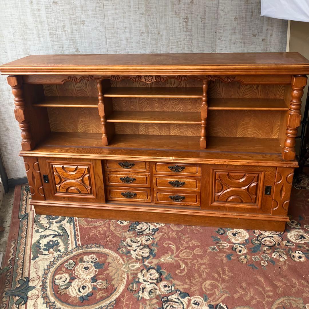 昭和レトロ 旭川家具 さくら工芸 大型 木製サイドボード 飾り棚 古家具 食器棚