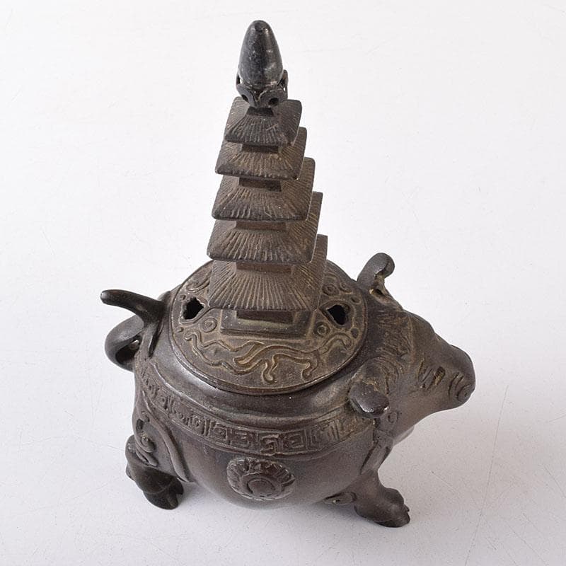 中国　古銅　唐銅　神獣五重塔　香炉　M　R8731