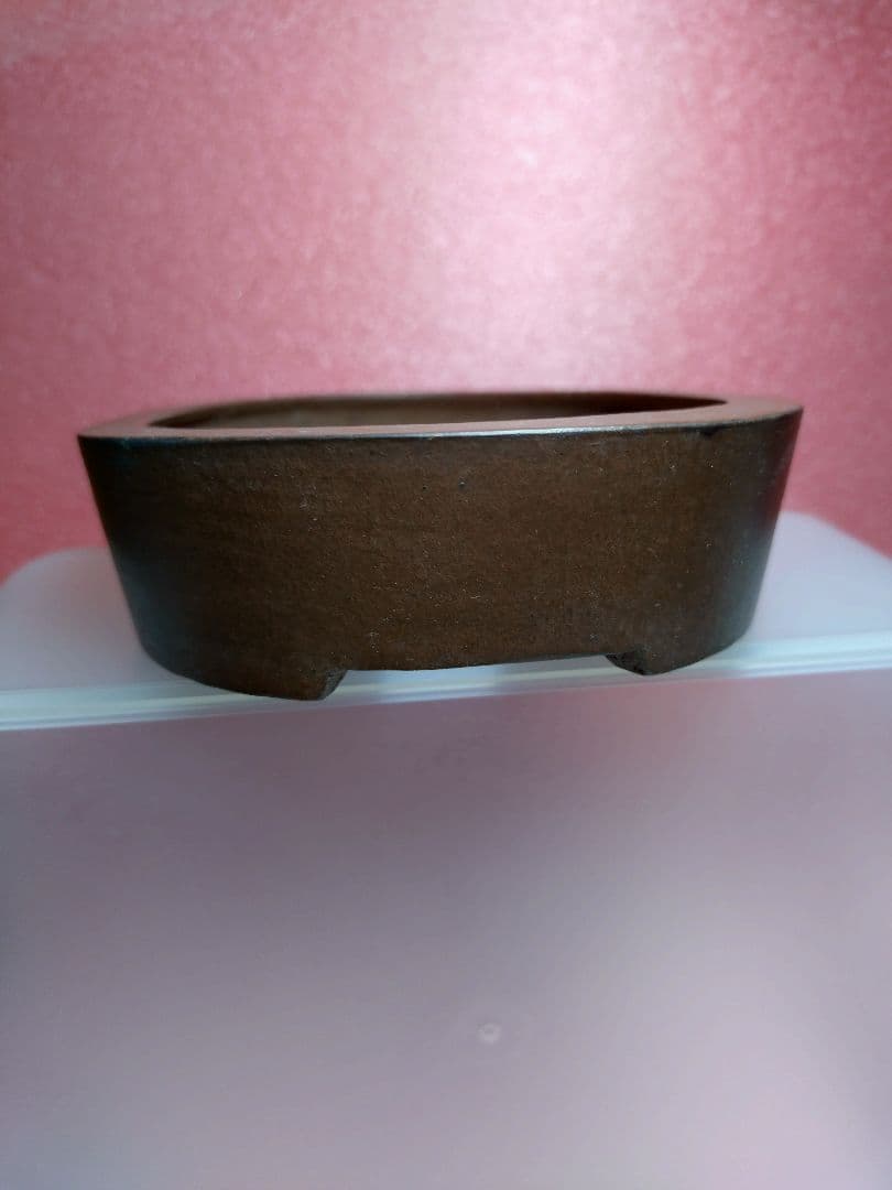 小型茶色陶器楕円形小品盆栽鉢