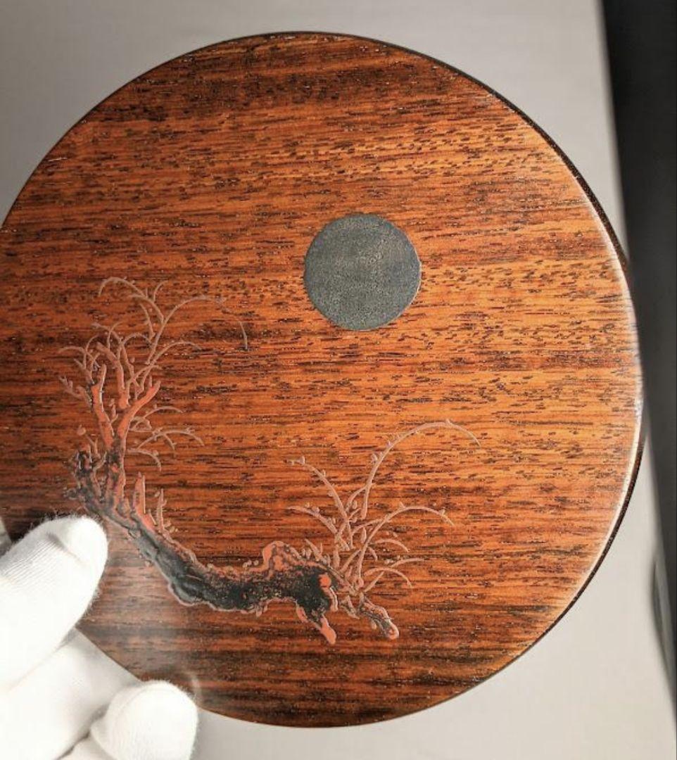 未使用　漆硯（しっけん）　蓋は古紫檀に拭き漆技法　盛絵漆　伝統美術工芸　題：春宴